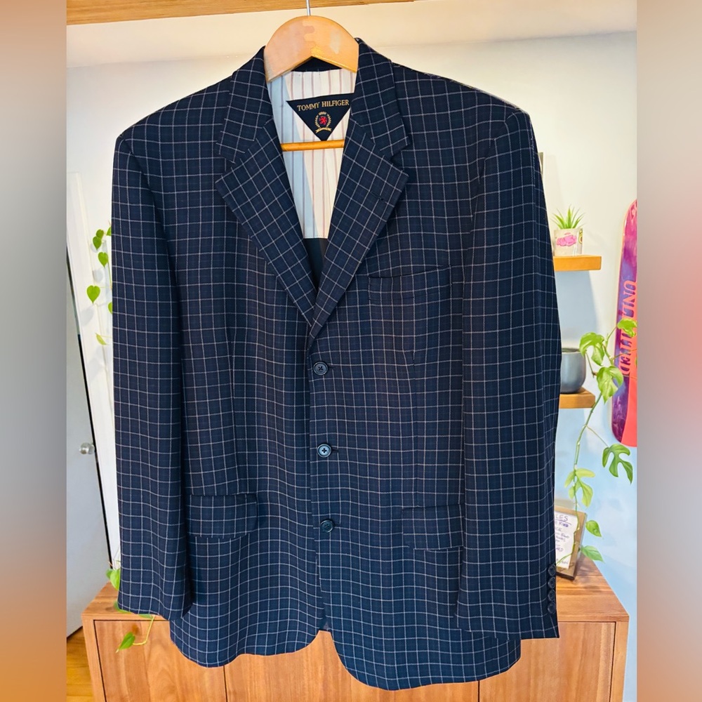 Tommy Hilfiger-100% Virgin Wool Navy Plaid Men's Blazer